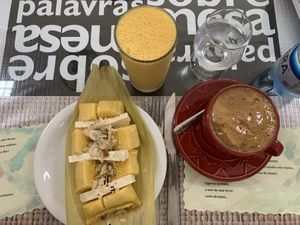 Pamonha com tofu e castanha, suco de cajá e café cremoso com leite vegetal  at Casa da Pamonha in Manaus
