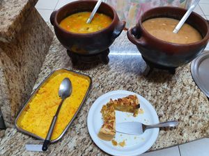 Quiche farofa and two soups of the day at Casa da Pamonha in Manaus