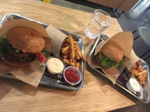 Spicy burger (left) and BBQ burger (right) at Bun2Bun - Kamppi Shopping Center in Helsinki