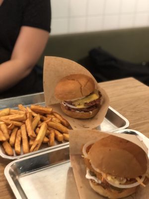 Double Cheeseburger, No-chicken burger and fries  at Bun2Bun - Kamppi Shopping Center in Helsinki