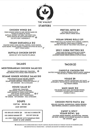 Menu  at The Walnut in Des Moines