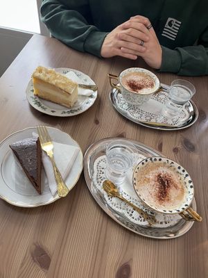 cappuccino with almond milk & gluten-free cakes on lovely vintage dishes (:  at Grüner Salon in Vienna