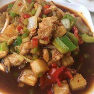 cashew chicken dish with pineapple and peppers  at Loving Hut in Phoenix