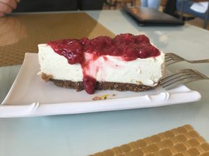 Cheesecake with strawberry sauce at Loving Hut in Phoenix