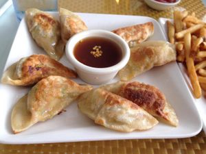 pan-fried dumplings w/ a yummy sweet chili sauce at Loving Hut in Phoenix