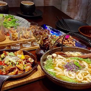 Udon Noodle Soup, Peanuts, Mushrooms, Salad at Salud Tapas Restaurant in Taoyuan