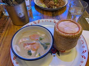 "Prawn" curry and sticky rice-vegetarian option at Zaap Thai Street Food in Leeds