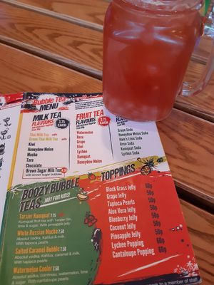 Watermelon tea with lychee bubbles at Zaap Thai Street Food in Nottingham