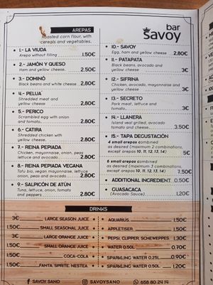 Menu at Bar Savoy in La Palma
