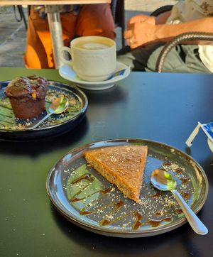 Almond cake, peanut brownie and soy milk coffee  at Bistro Doudou in Bar-le-duc