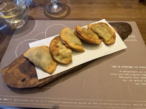 Dumplings with green vegetables  at Peskesi in Crete