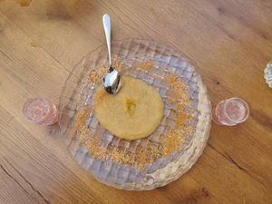 Dessert served free from kitchen  at Peskesi in Crete