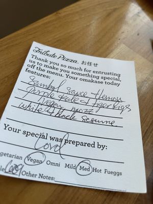 Omakase Vegan Note that comes with the pizza! 👩🏼‍🍳  at Tribute Pizza in San Diego