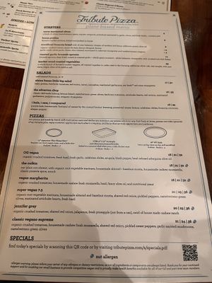 Vegan menu  at Tribute Pizza in San Diego