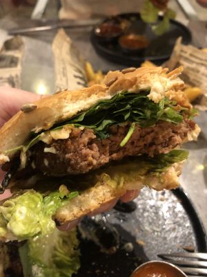 Close up of the special vegan burger  at Badal Corner in Mallorca