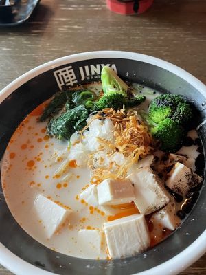 Spicy Creamy Vegan Ramen (added broccoli)  at JINYA Ramen Bar in Vancouver