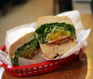 vege peppersteak sandwich on a sourdough roll with pepperoncini at Love N Haight Deli in San Francisco