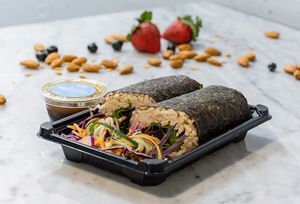 Sushittito

Brown rice, roasted beets, kale, cucumber, spinach, avocado, ginger, and seaweed. 
Choose your dressing: sesame seeds and ginger, spicy peanut or miso.  at Mora Mora - Artz Pedregal in Mexico City