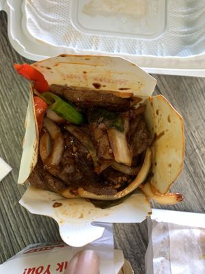 Vegan Mongolian beef in to go box   at Pots N Woks in Whittier