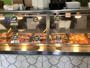 Various vegan meat options inside restaurant   at Pots N Woks in Whittier