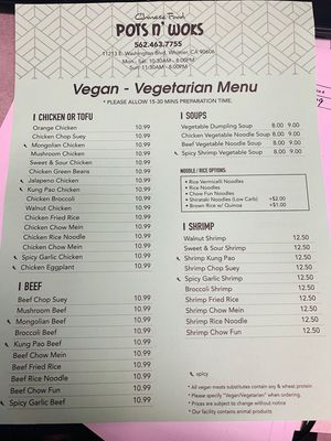 Separate vegan / vegetarian menu  at Pots N Woks in Whittier