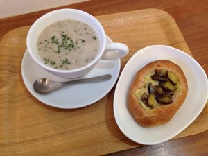 Mushroom soup and mushroom, lotus and sweet potato gratin  at Pain de BRUN in Tokyo