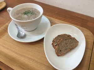 Mushroom soup with toast at Pain de BRUN in Tokyo