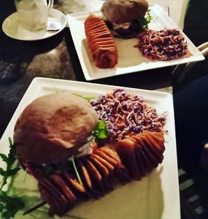 Seitan Chicken Burger with Curly Fries and Coleslaw at Vegan Casa in Patnem