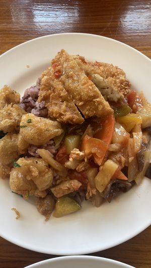 Some vegan chicken on top, lovely!  at Chew Xin Jai in Pai