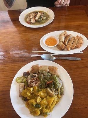 Buffet dishes + vegan chicken and spring roll   at Chew Xin Jai in Pai