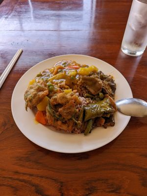 Rice with 3 toppings, 45 baht at Chew Xin Jai in Pai