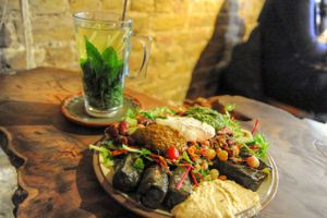 Stuffed vine leaves with humous and salad - delcicious! at My Village in North West London