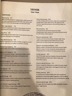 Dinner menu with Vegan options at True Thomas in Varkala