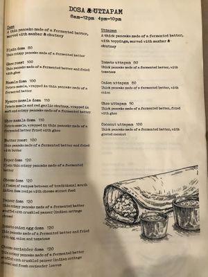 Dosa/Uttapam menu with many vegan options at True Thomas in Varkala