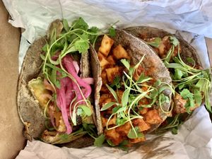 Avocado, Spicy Tofu, and Cauliflower tacos (L-R) at Nixtaco in Roseville