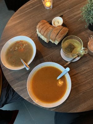 Winter vegetable soup (bottom), with bread and Icelandic herb tea   at The Soup Company in Vik