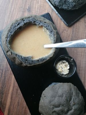 Cauliflower soup and black carbon bread at The Soup Company in Vik