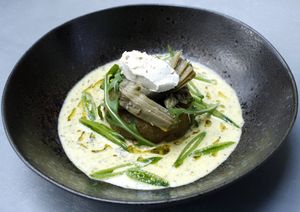 Artichokes flan, cashew chees e at The Meets Restaurant in Amsterdam