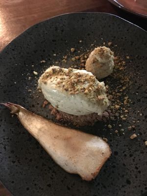 Peer en pistachio crème   at The Meets Restaurant in Amsterdam