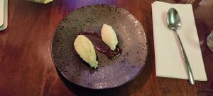 Matcha and white chocolate cream with miso-caramel at The Meets Restaurant in Amsterdam