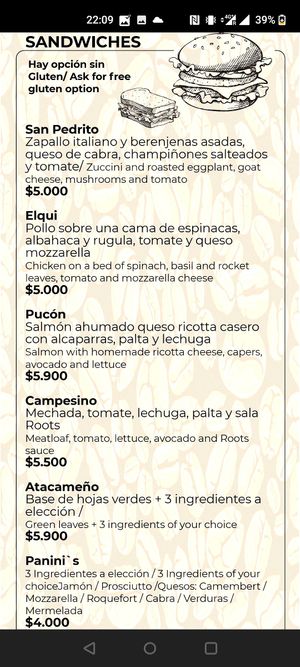 Part of sandwich menu (Dec 2021) at Roots in San Pedro De Atacama