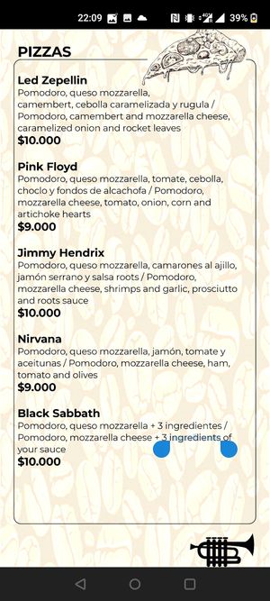 Pizza menu (Dec 2021) at Roots in San Pedro De Atacama