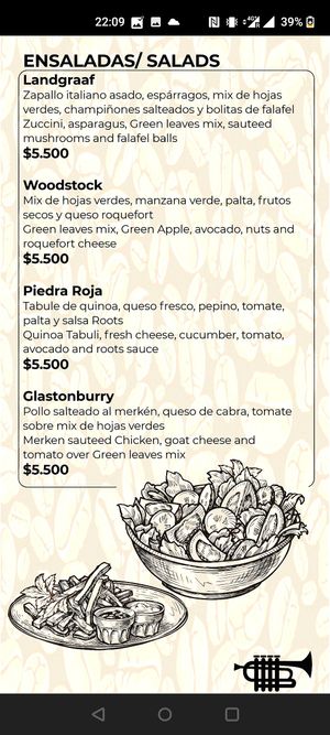 Salad menu (Dec 2021) at Roots in San Pedro De Atacama
