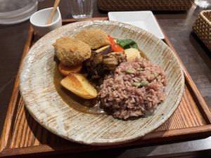 Vegan cutlet with vegetable curry and brown sticky rice  at Jinenya - Karuizawa Bypass in Nagano