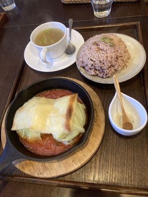 Cabbage rolls with brown rice and soup  at Jinenya - Karuizawa Bypass in Nagano