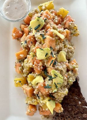 Funky Twister (millet instead of buckwheat, pumpkin instead of mushrooms) - 350Rs  at Body & Soul Health Kitchen in Arambol