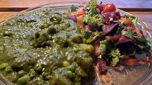 aloo mattar saag (with extra salad and no rice/chapati)  at Body & Soul Health Kitchen in Arambol