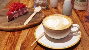 Vegan latte and raspberry cheesecake at Organic Kitchen in Casablanca