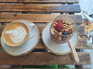 Chocolate mousse and vegan  latte at Organic Kitchen in Casablanca