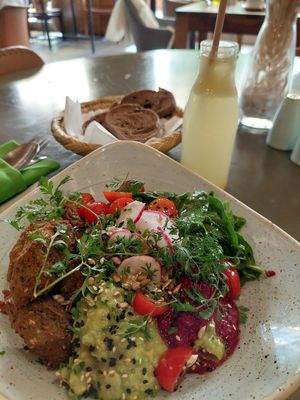 Vegan Buddha Bowl Salad (125 MAD) with Lemon & Ginger juice (25 MAD) at Organic Kitchen in Casablanca